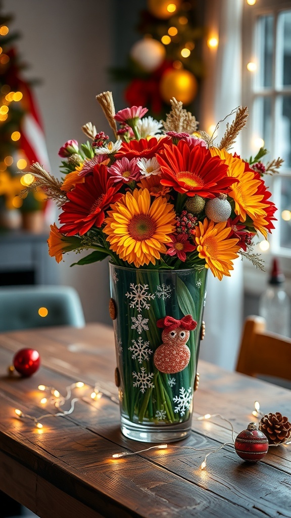 A festive Christmas vase with flowers and decorations, set on a wooden table with holiday lights.